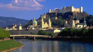 A historic cityscape with a prominent castle on a hill, a bridge over a river, and various buildings with domed roofs.