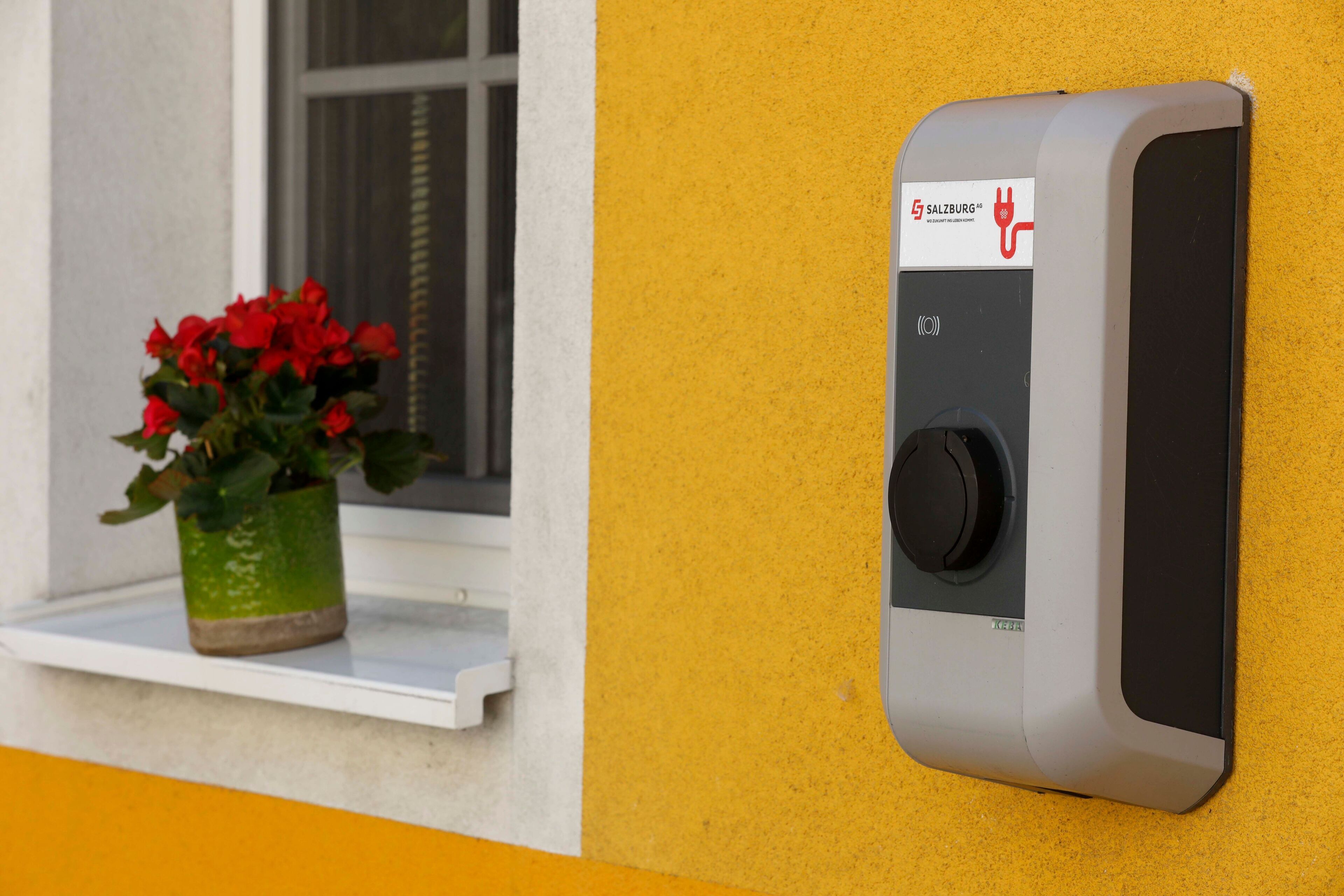 Eine an der Wand befestigte Vorrichtung mit Logo und Einstellknopf, neben einem Fenster mit einem Blumentopf.