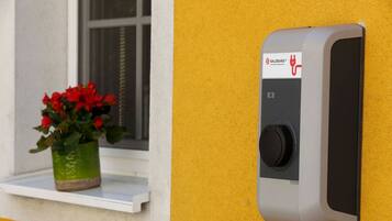 Eine an der Wand befestigte Vorrichtung mit Logo und Einstellknopf, neben einem Fenster mit einem Blumentopf.