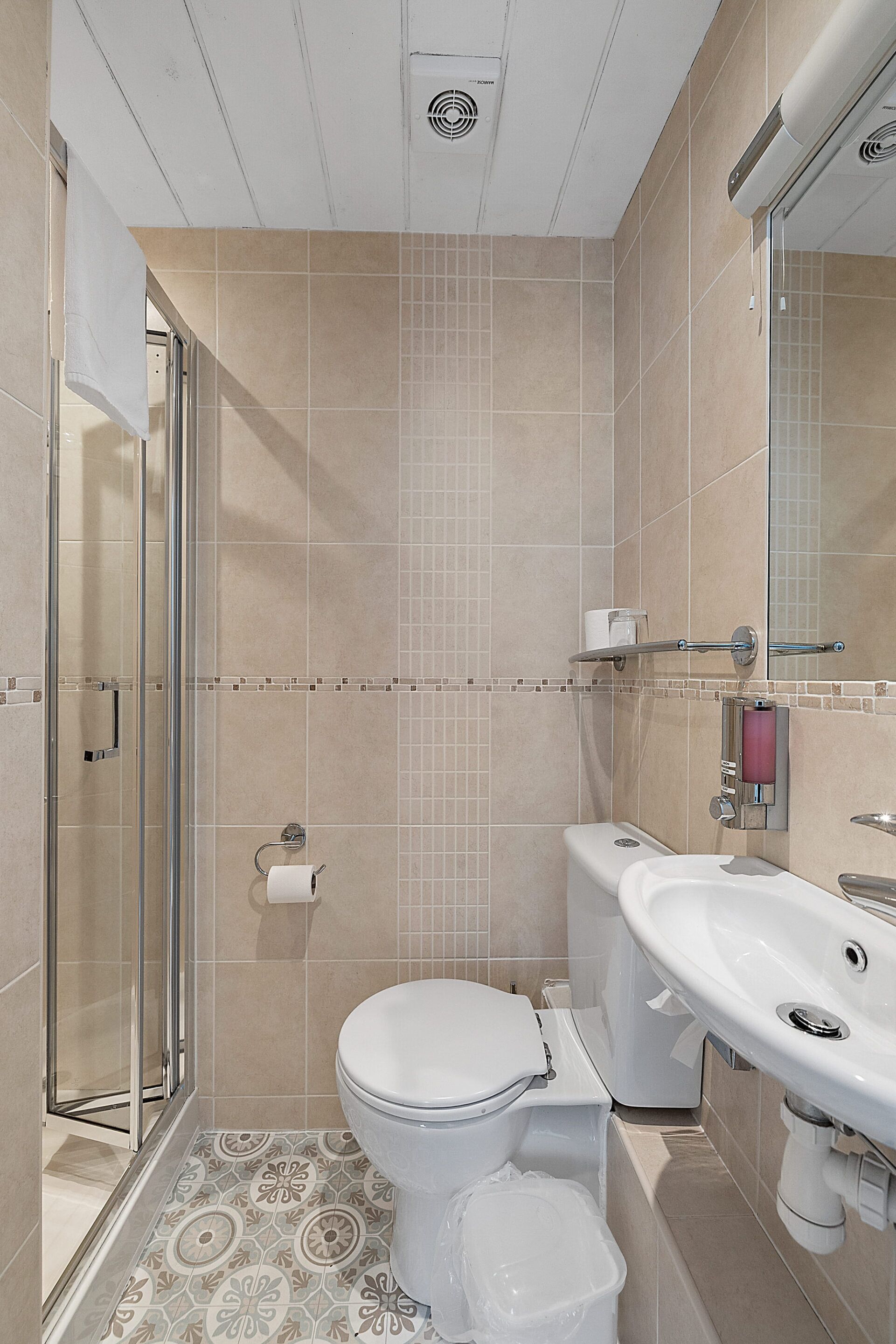 A bathroom with a glass shower enclosure, a toilet, a sink, and a mirror.
