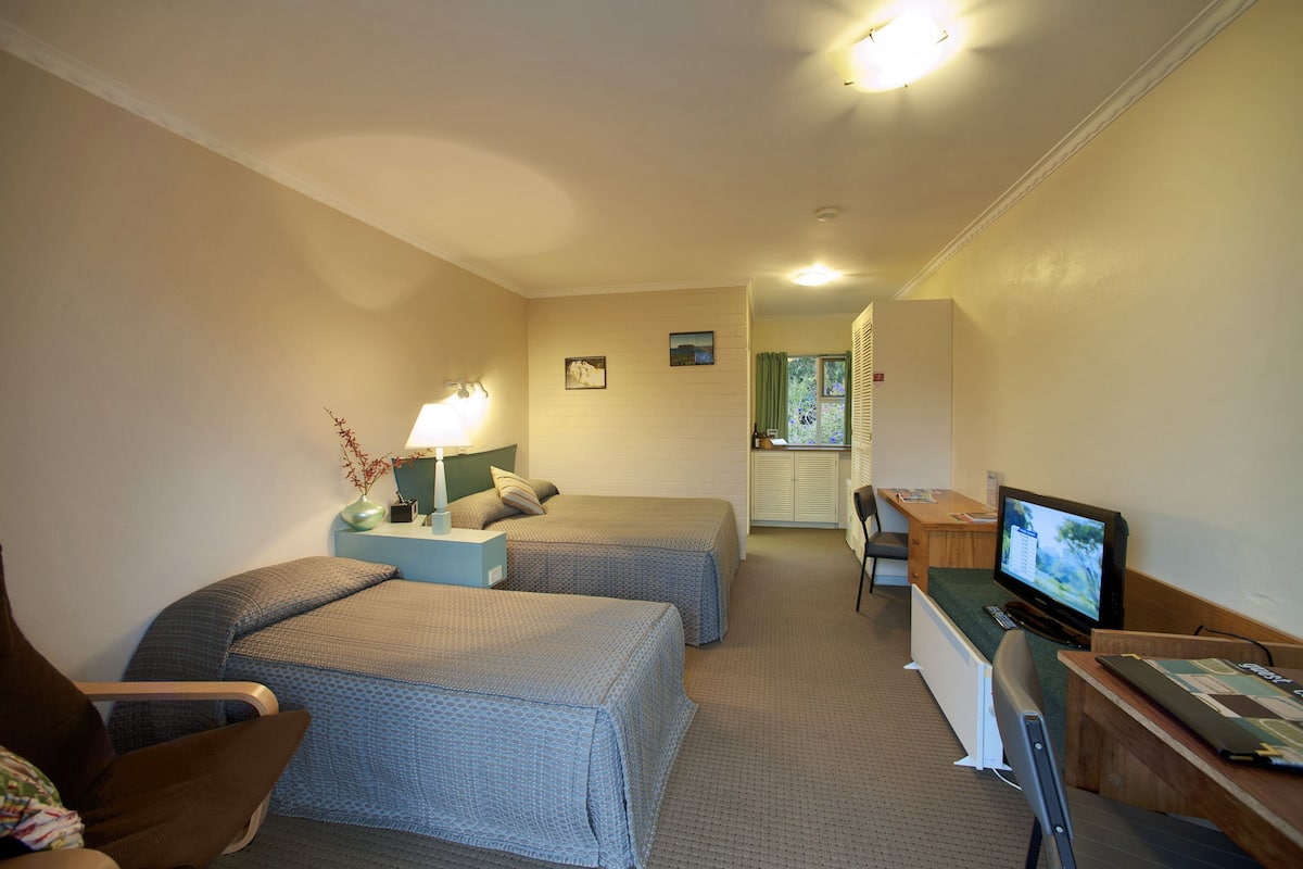 Una habitación de hotel con dos camas, un escritorio con computadora, una silla y un televisor.