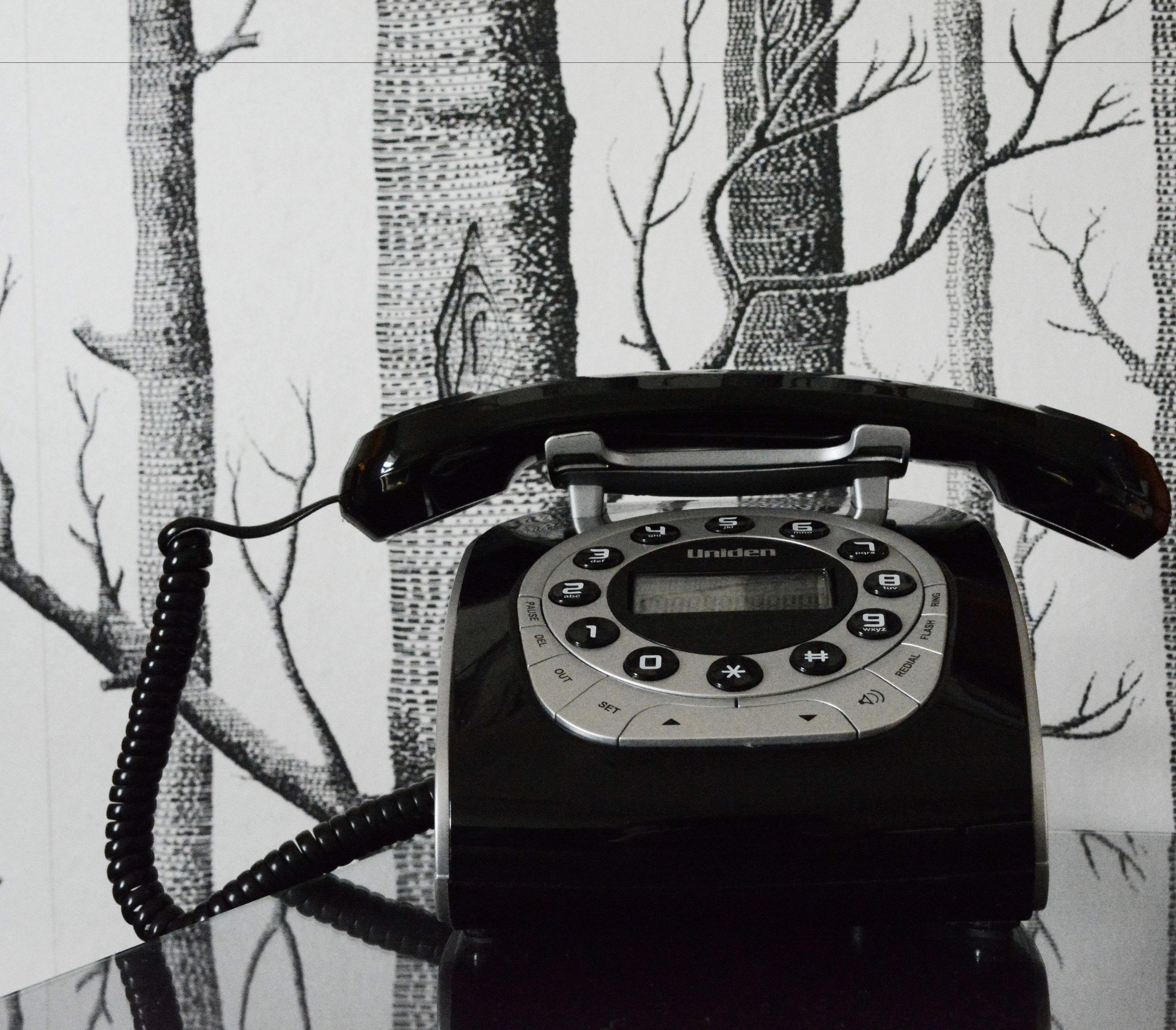 A black rotary dial telephone with a cord, placed against a wall with a tree pattern.