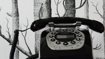 A black rotary dial telephone with a cord, placed against a wall with a tree pattern.