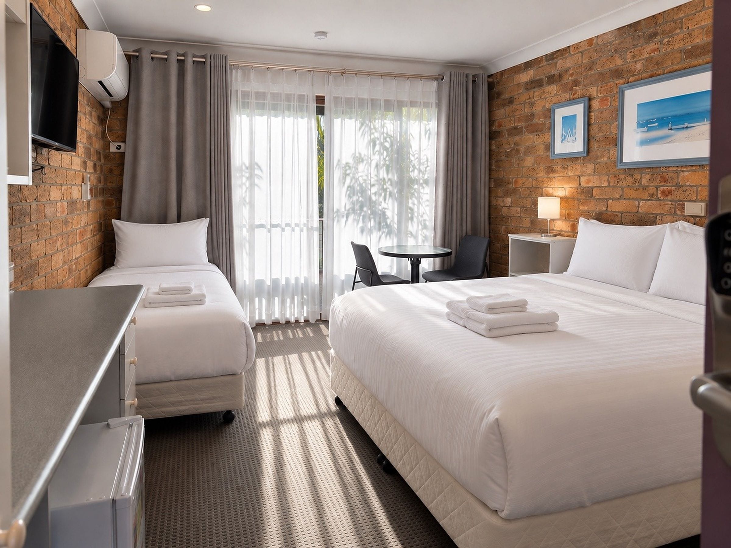A hotel room with two beds, a desk, a chair, a table, and a TV.