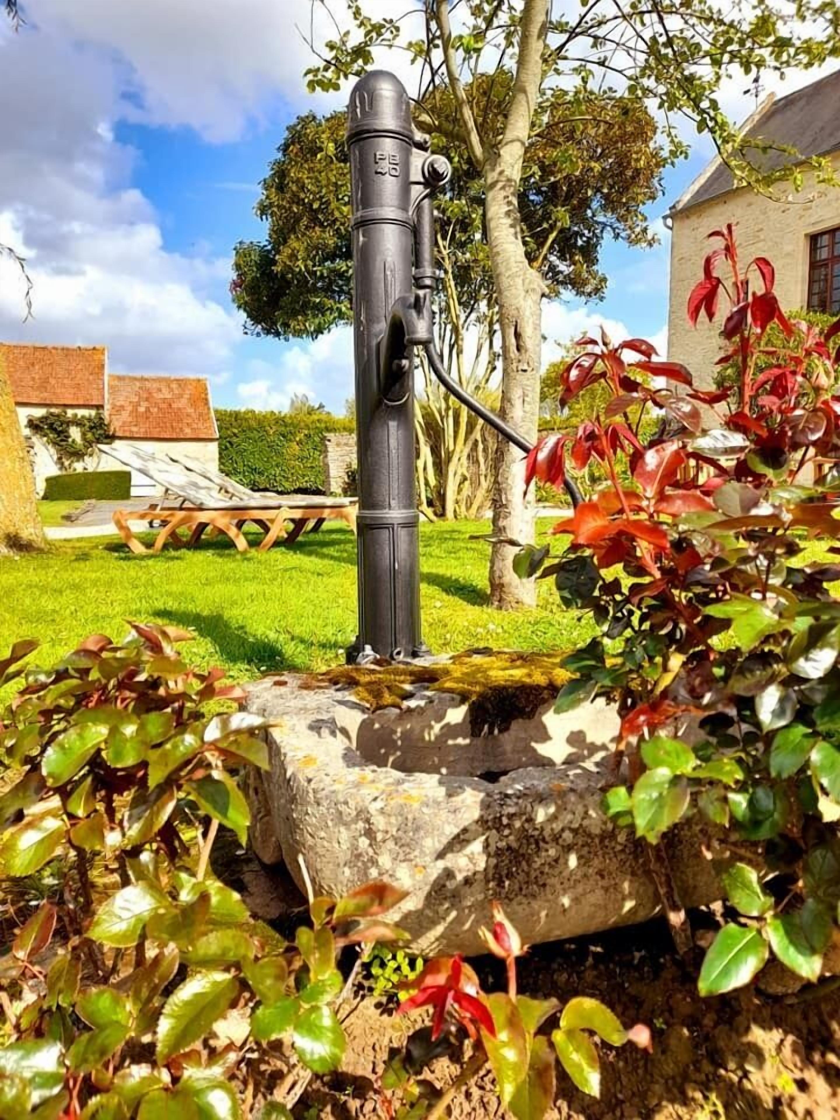 A black water fountain in a garden with a stone base, surrounded by greenery and a building in the background.