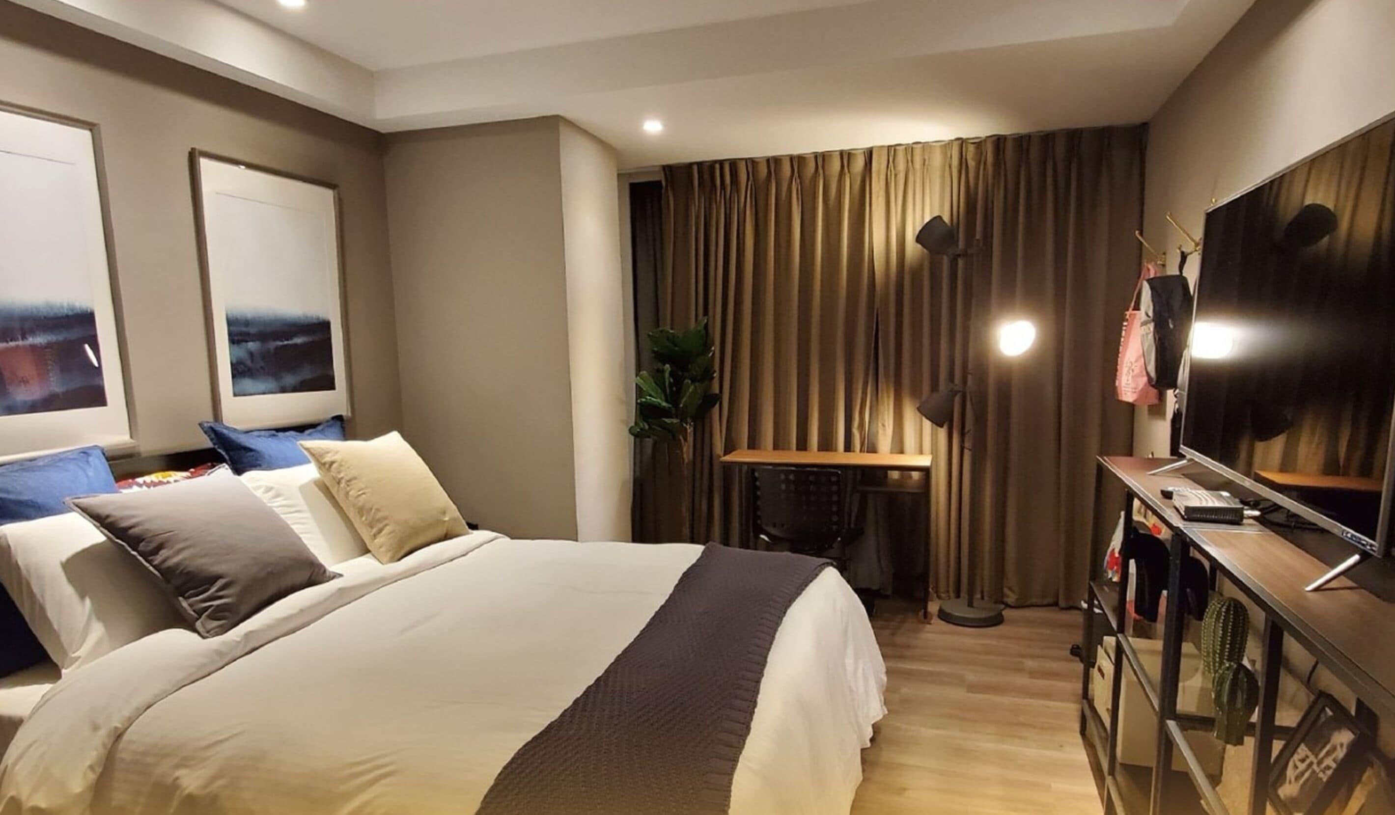 A hotel room with a large bed, a desk with a computer, a TV, and a plant.