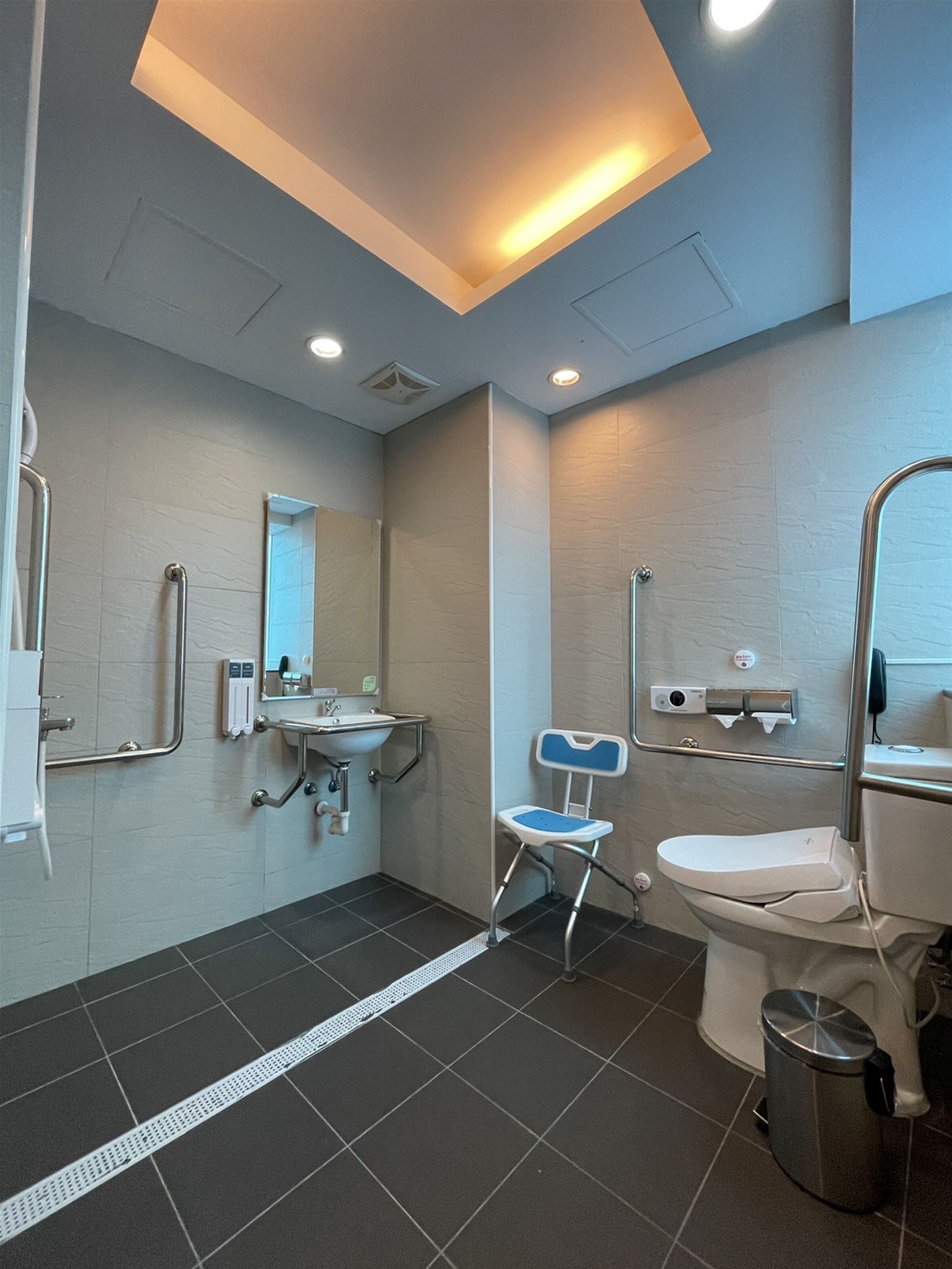 A modern bathroom with a sink, mirror, toilet, and a wheelchair-accessible chair.