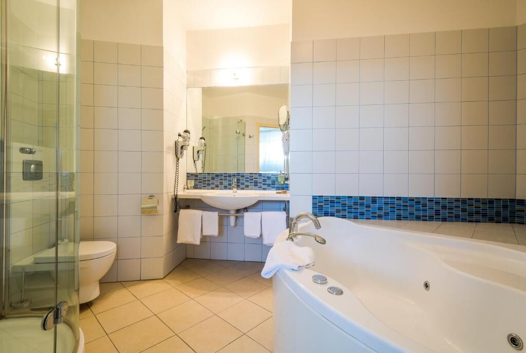 comfort double room (plus) | bathroom | shower, hair dryer, towels