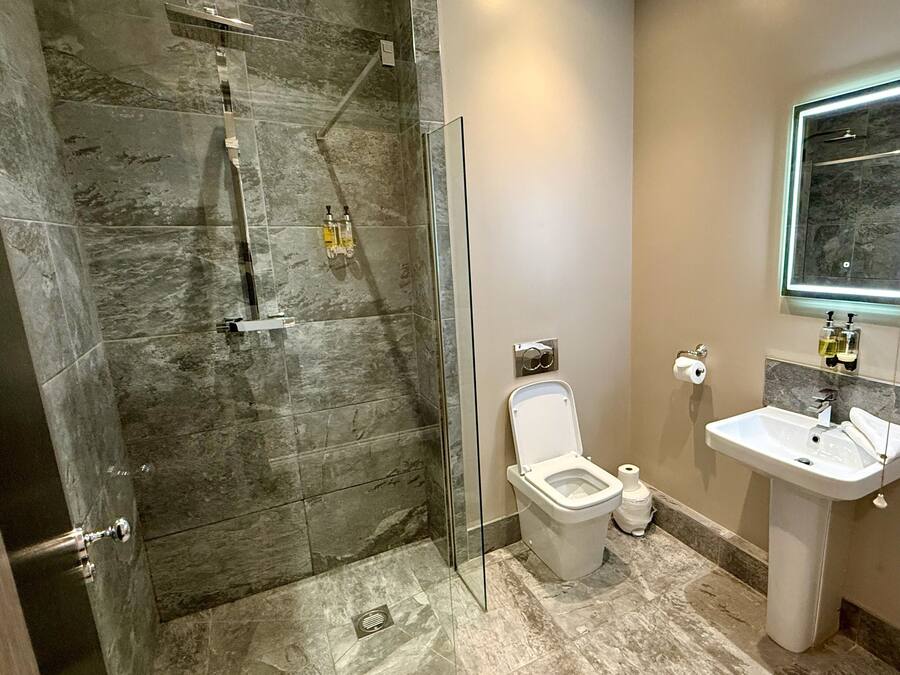 A modern bathroom with a glass-enclosed shower, a toilet, and a sink.
