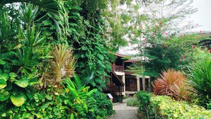 Un sendero conduce a un edificio de madera rodeado de follaje verde exuberante y plantas en flor.