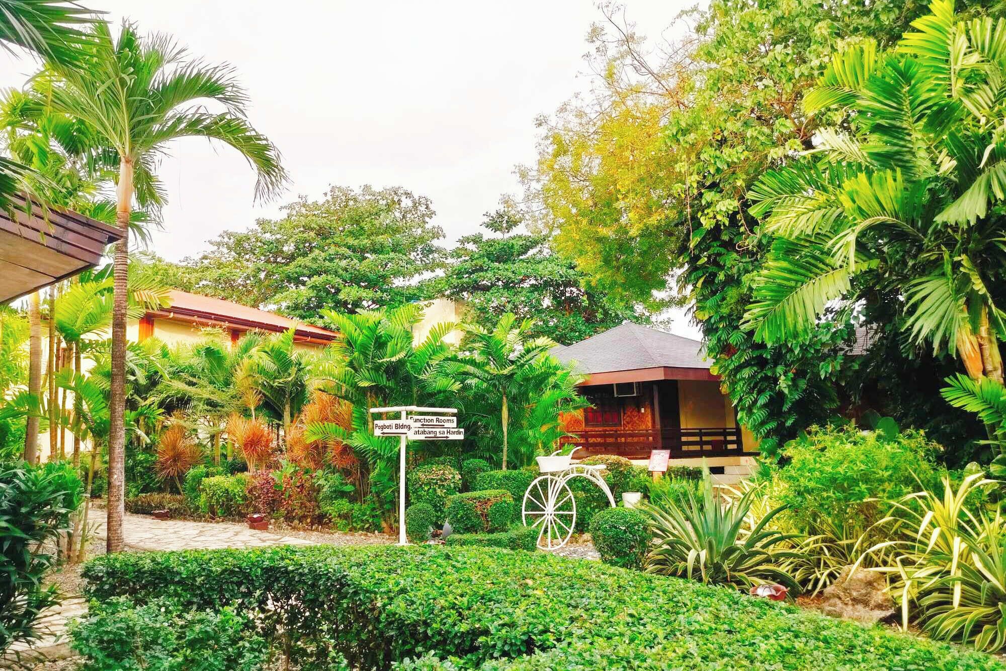 A tropical garden with a wooden structure, a signpost, and a white cart.