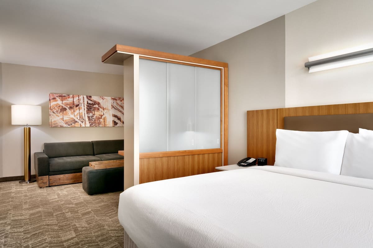 A hotel room with a bed, a sofa, a desk, a lamp, and a painting on the wall.