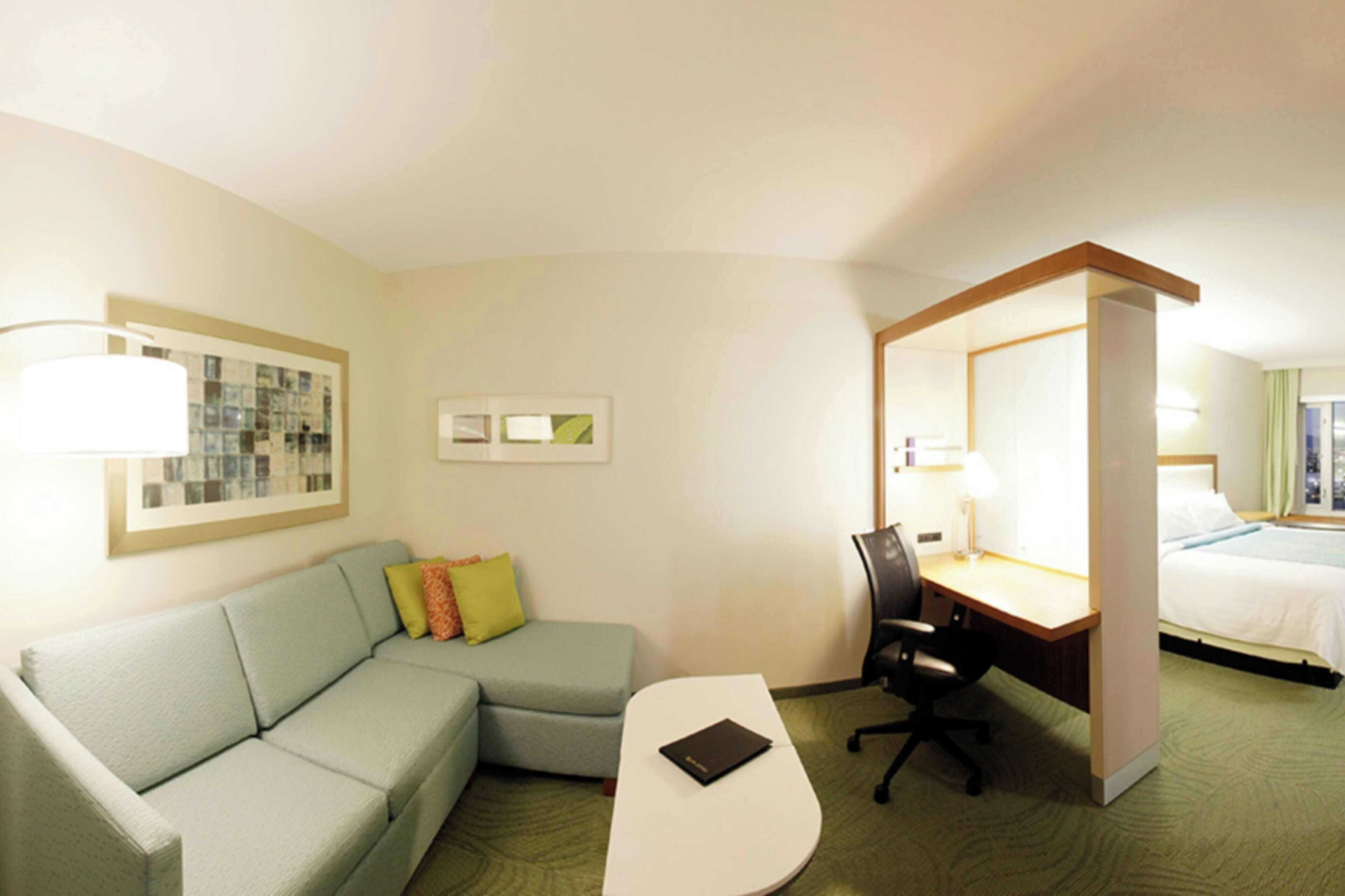 hypo-allergenic bedding, desk, blackout curtains, iron/ironing board