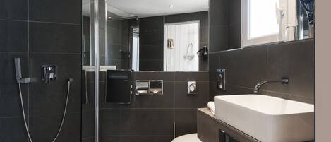 A modern bathroom with a walk-in shower, a toilet, and a large sink.