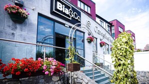 Un edificio con un letrero que dice "Bia & Co." y "Clarygal Flowers". Tiene una pared de piedra, una escalera de metal y macetas con flores en la fachada.