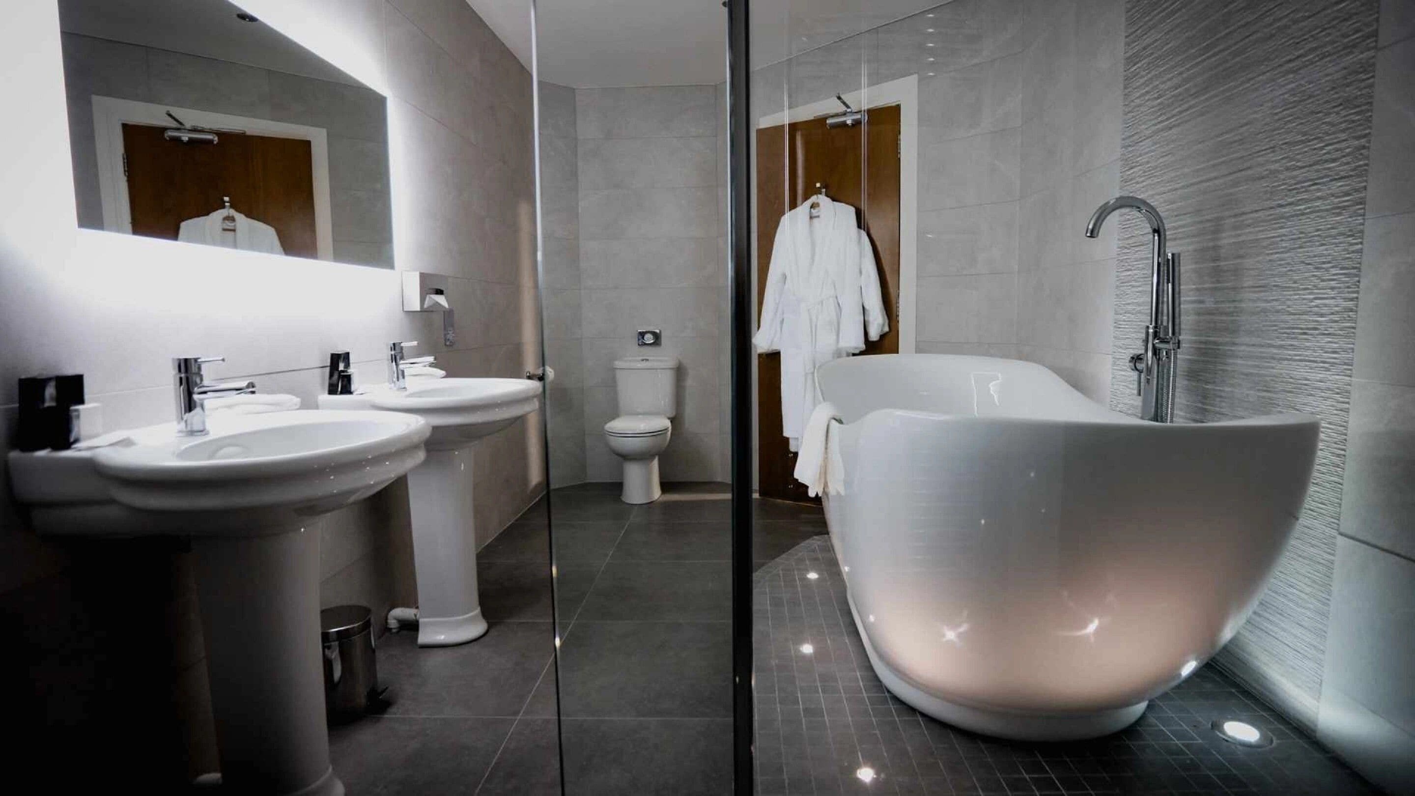 combined shower/bathtub, free toiletries, hair dryer, towels