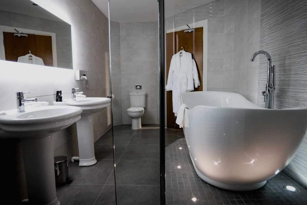 combined shower/bathtub, free toiletries, hair dryer, towels