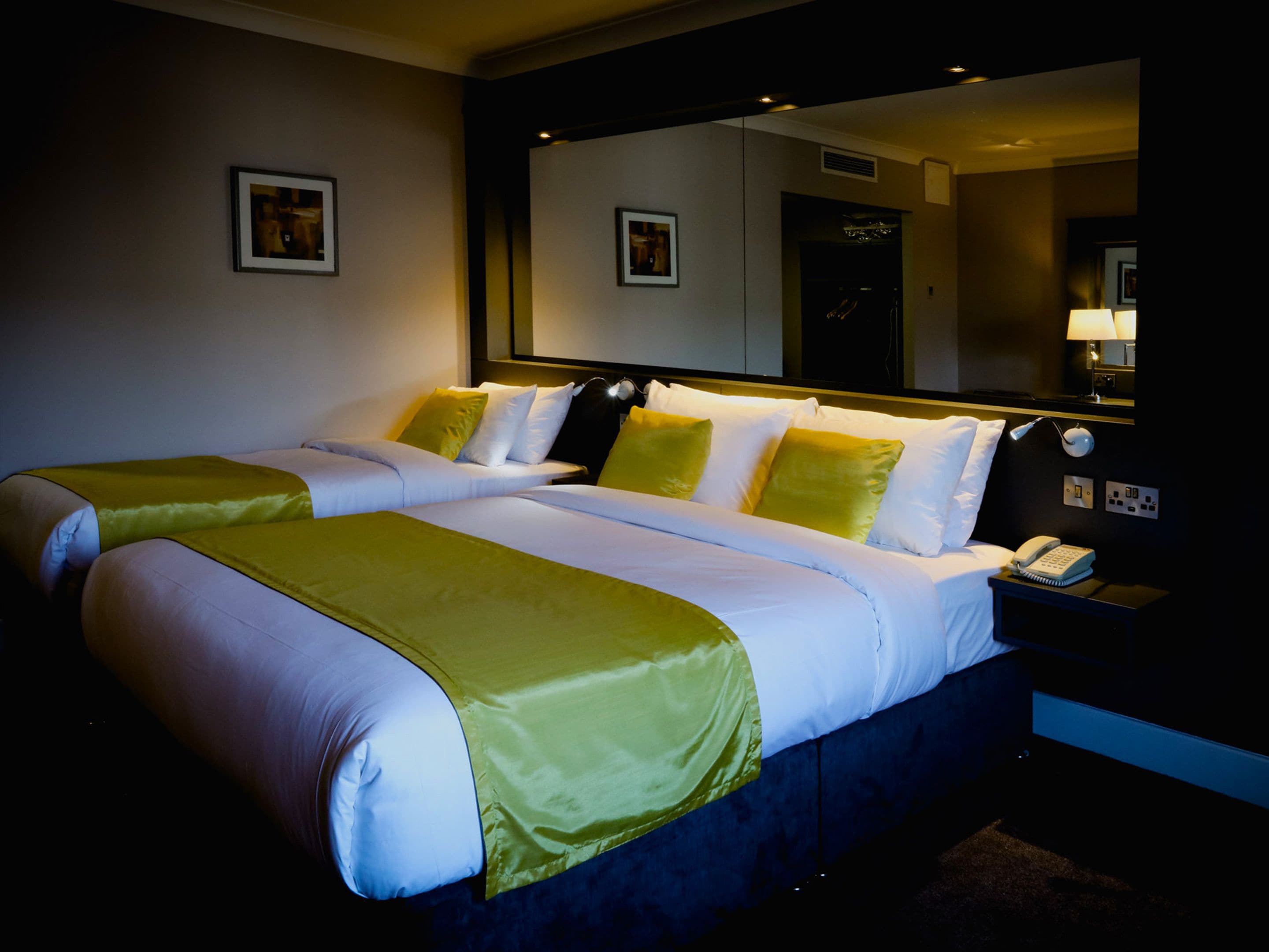 A hotel room with two beds, a large mirror, a bedside table with a lamp, and a phone.