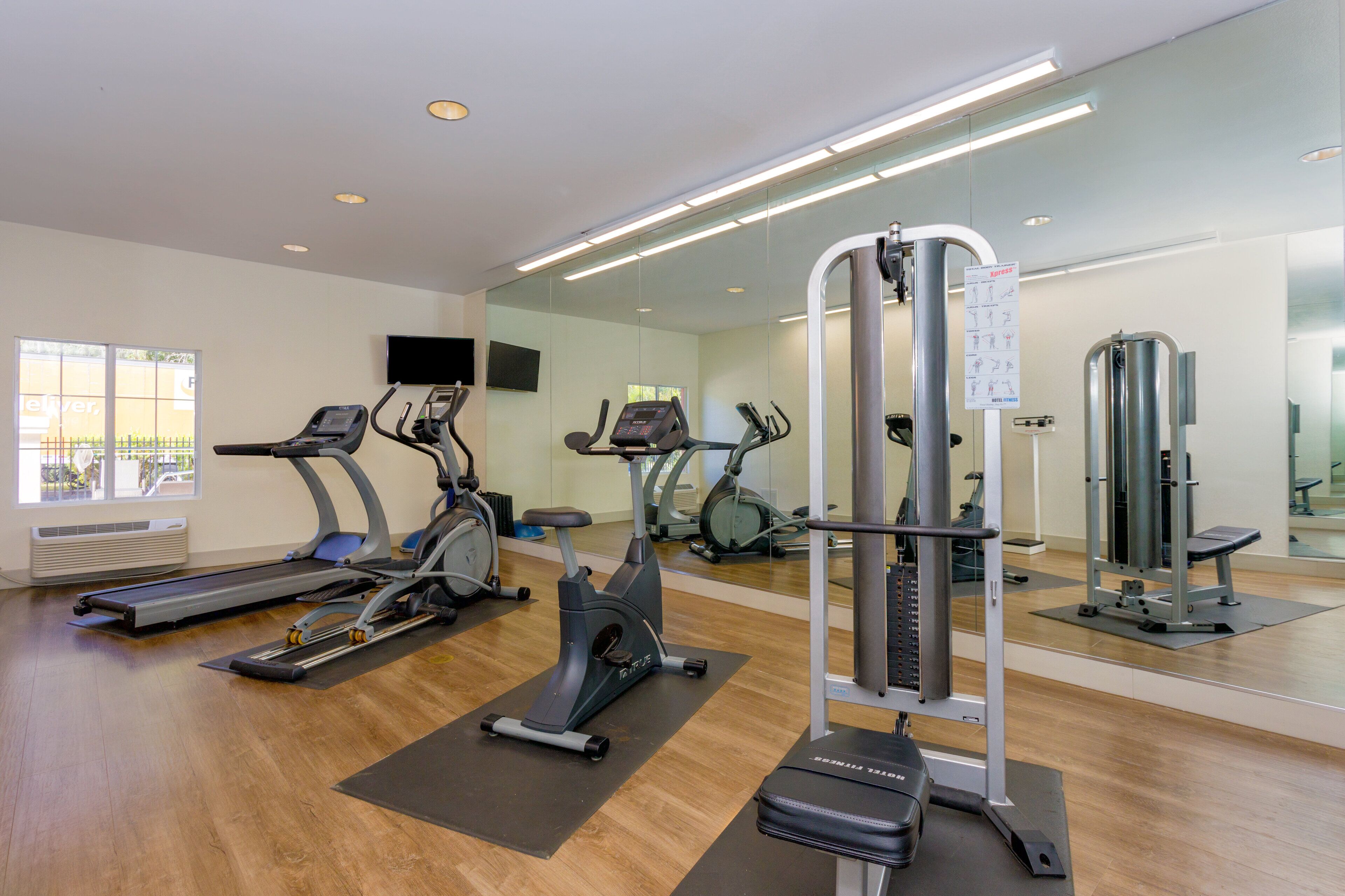 A gym with treadmills, elliptical machines, and a weight machine.