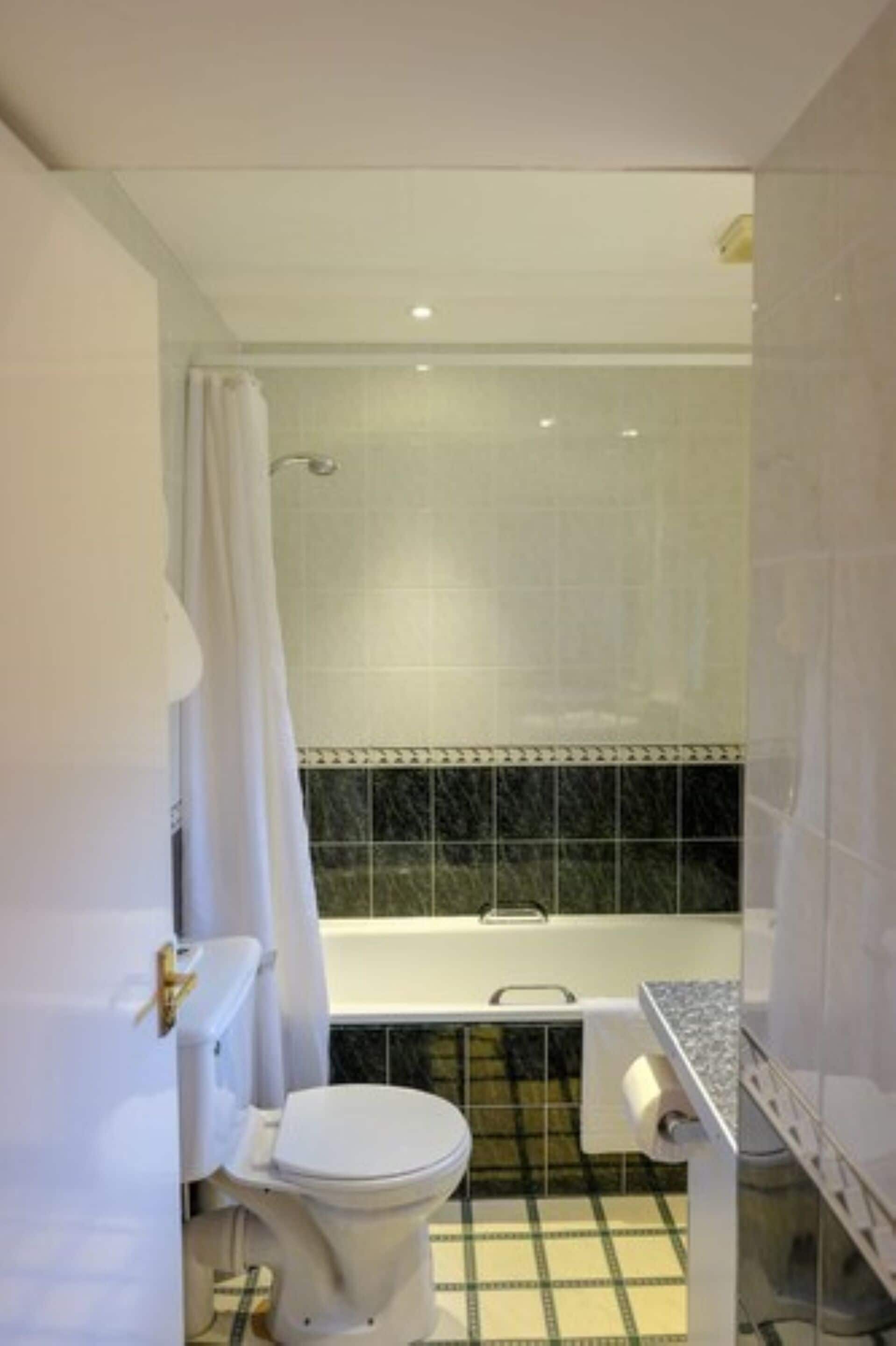 Un baño con inodoro, bañera y zona de ducha.