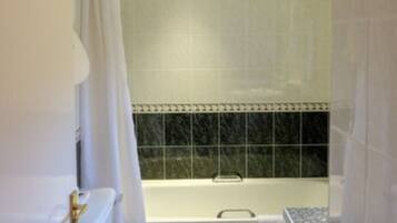 Un baño con inodoro, bañera y zona de ducha.