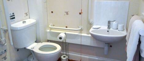 A bathroom with a toilet, bidet, sink, and handrails.