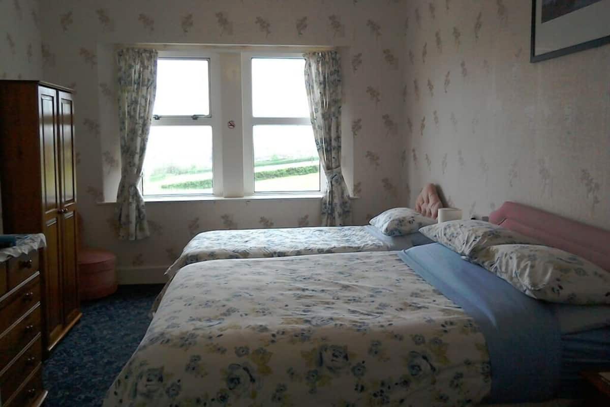 A bedroom with two beds, a dresser, a window with curtains, and a framed picture on the wall.