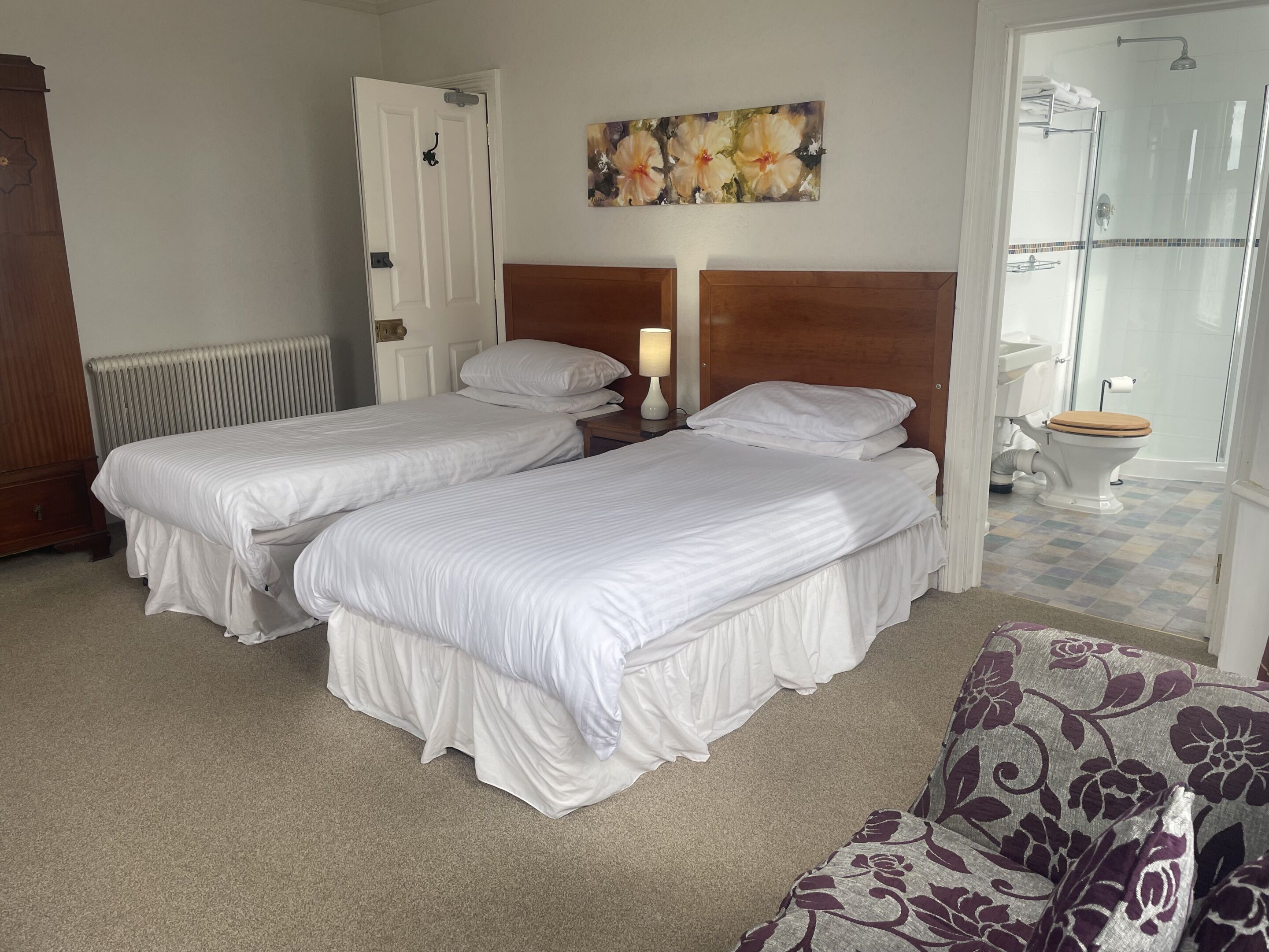 A hotel room with two beds, a radiator, a painting, a shower, and a toilet.