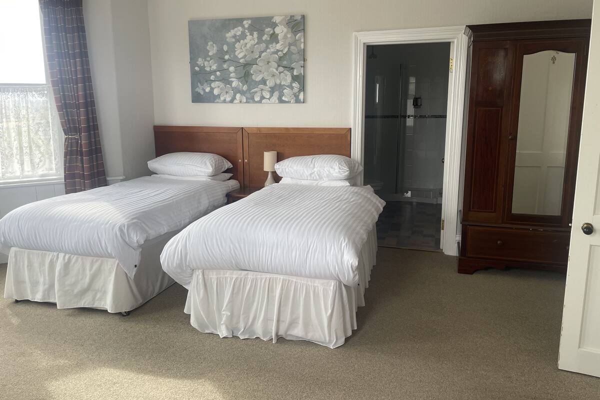 Een hotelkamer met twee bedden, een houten hoofdbord, een schilderij, een deur en een douche.