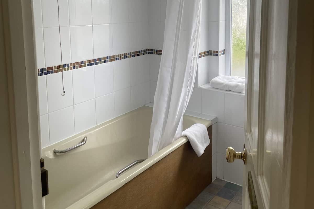 Een badkamer met een bad, een raam met uitzicht en een douchegordijn.