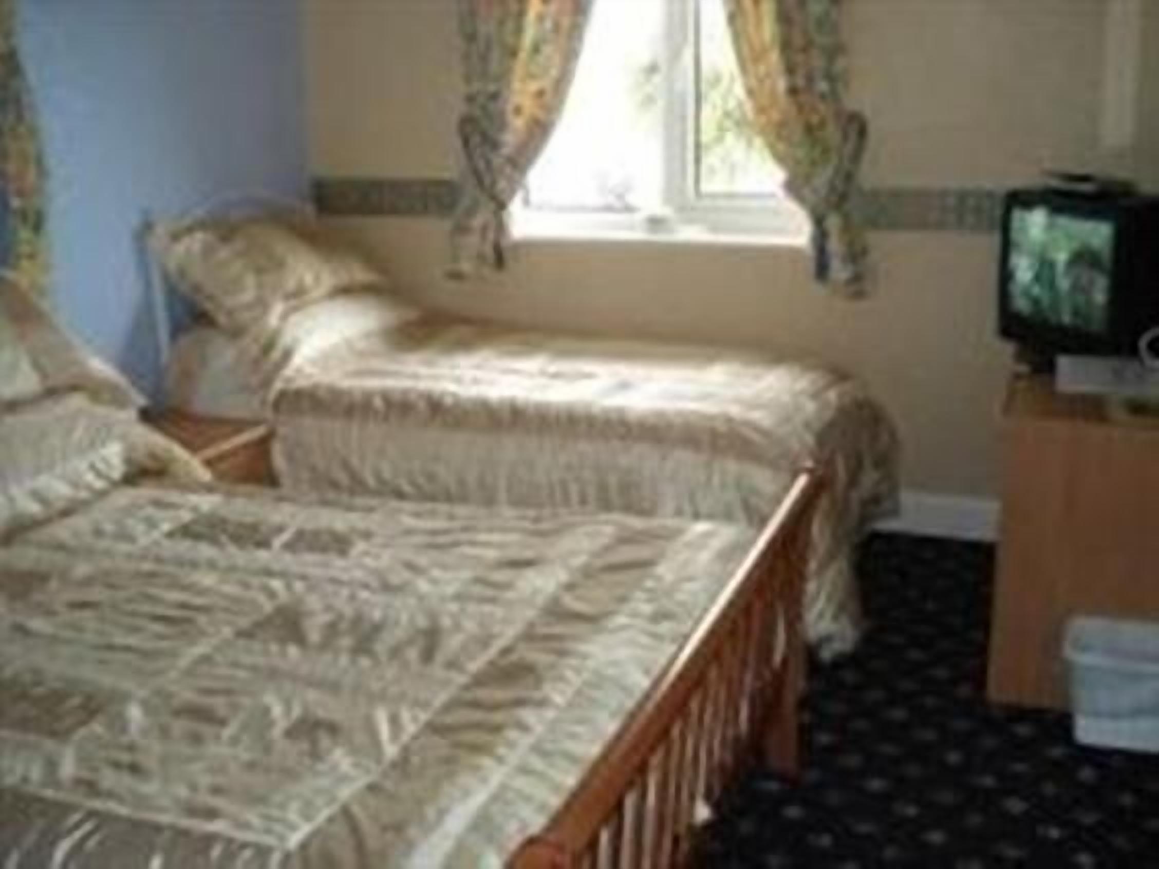 Une chambre avec deux lits simples, une télévision et une fenêtre avec des rideaux.