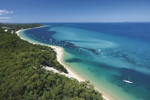 An aerial view of a coastal area with a beach, clear waters, and several boats. - Tangalooma Island Resort (Moreton Island)