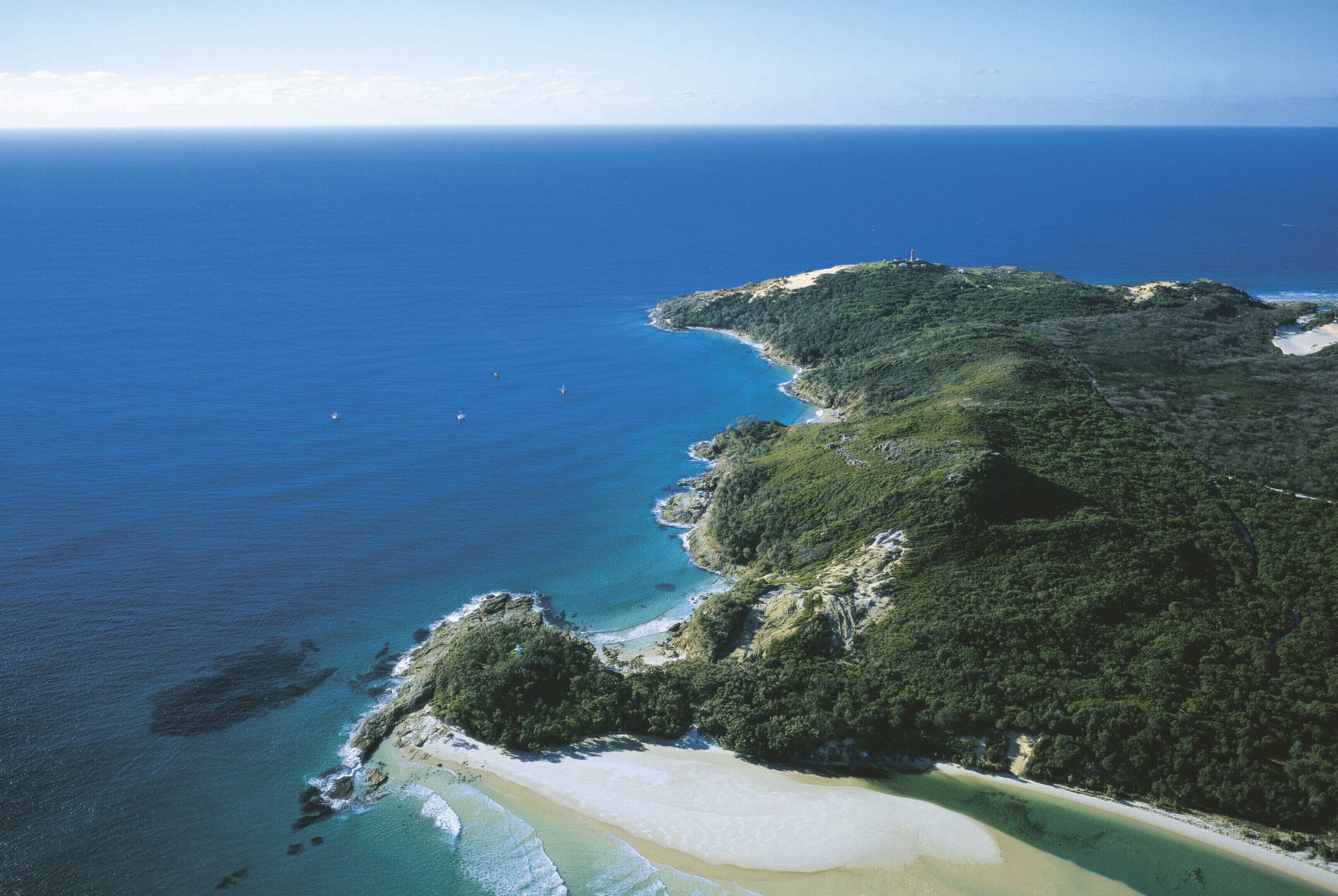 An aerial view of a coastal area with a beach, a forested peninsula, and the ocean.