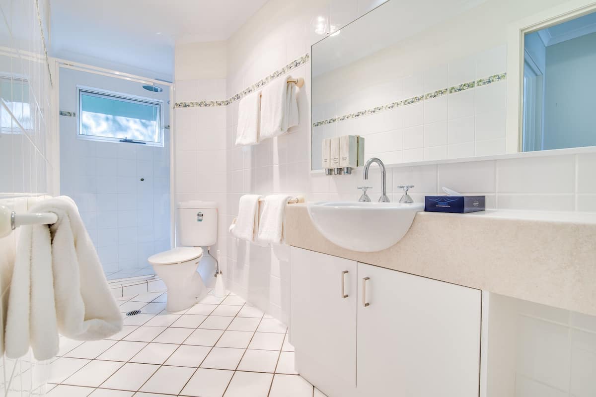 deluxe villa, beach view (unserviced) | bathroom | shower, hair dryer, towels