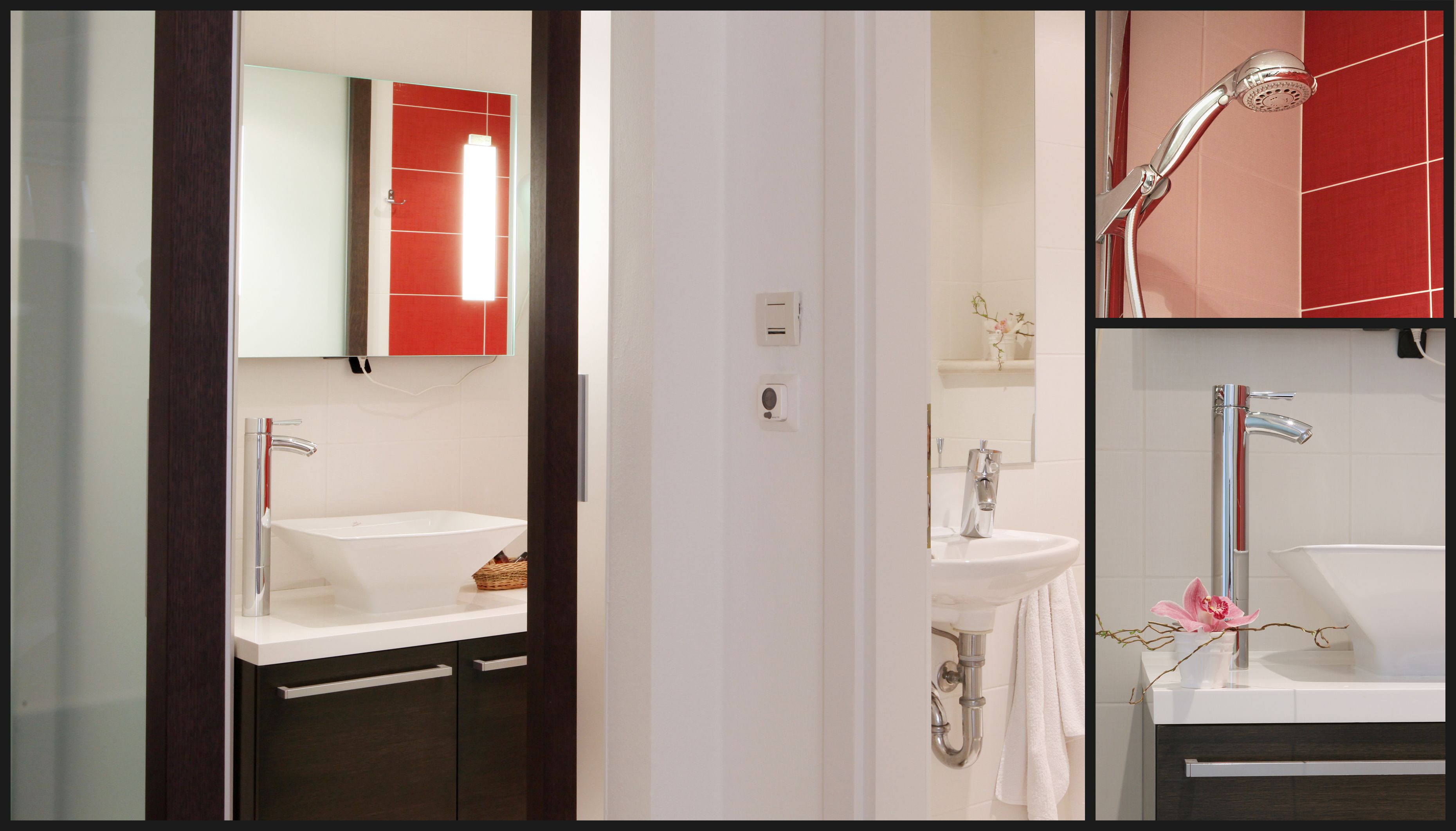 Une salle de bain moderne avec un grand miroir, deux lavabos, une douche et un porte-serviettes.