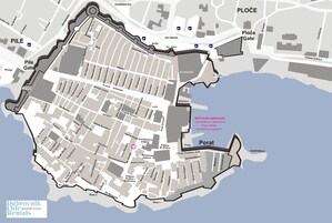 Um mapa detalhado de uma área urbana com ruas e pontos de referência identificados, incluindo o Portão Pile e os Apartamentos Miró Studio.