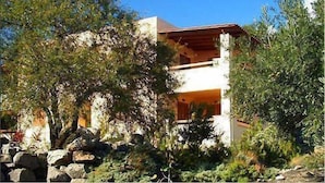 A two-story building with a flat roof, surrounded by dense vegetation and rocks. - Phoenix Apartments (Agios Vasileios)