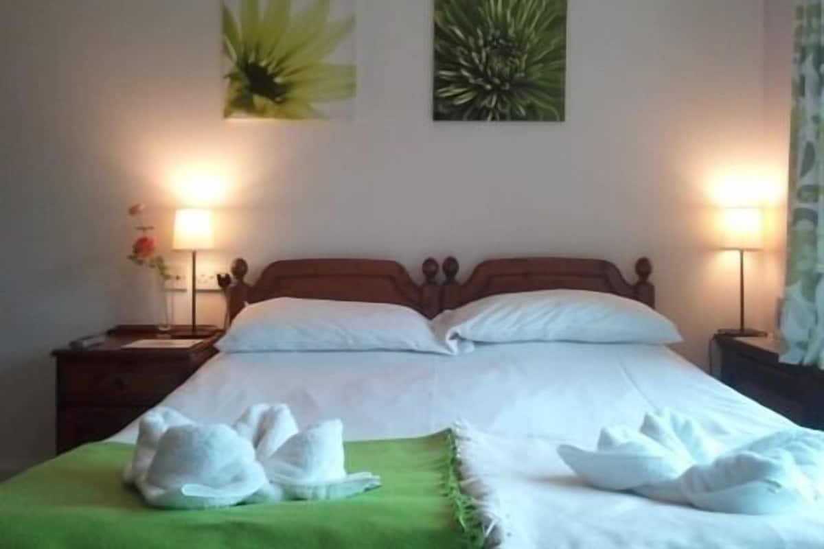 A hotel room with a bed, two bedside lamps, a green throw blanket, and two white towels on the bed.