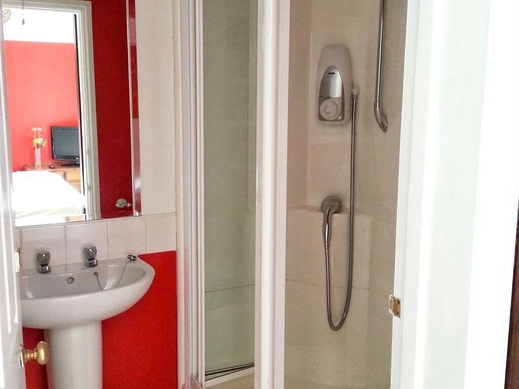 A bathroom with a white sink, red walls, a glass shower enclosure, and a handheld showerhead.