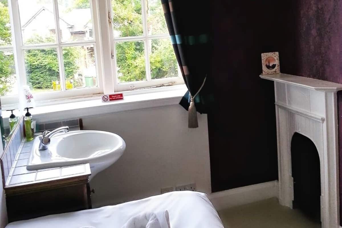 A bedroom with a bed, a window with curtains, a white sink, and a fireplace.