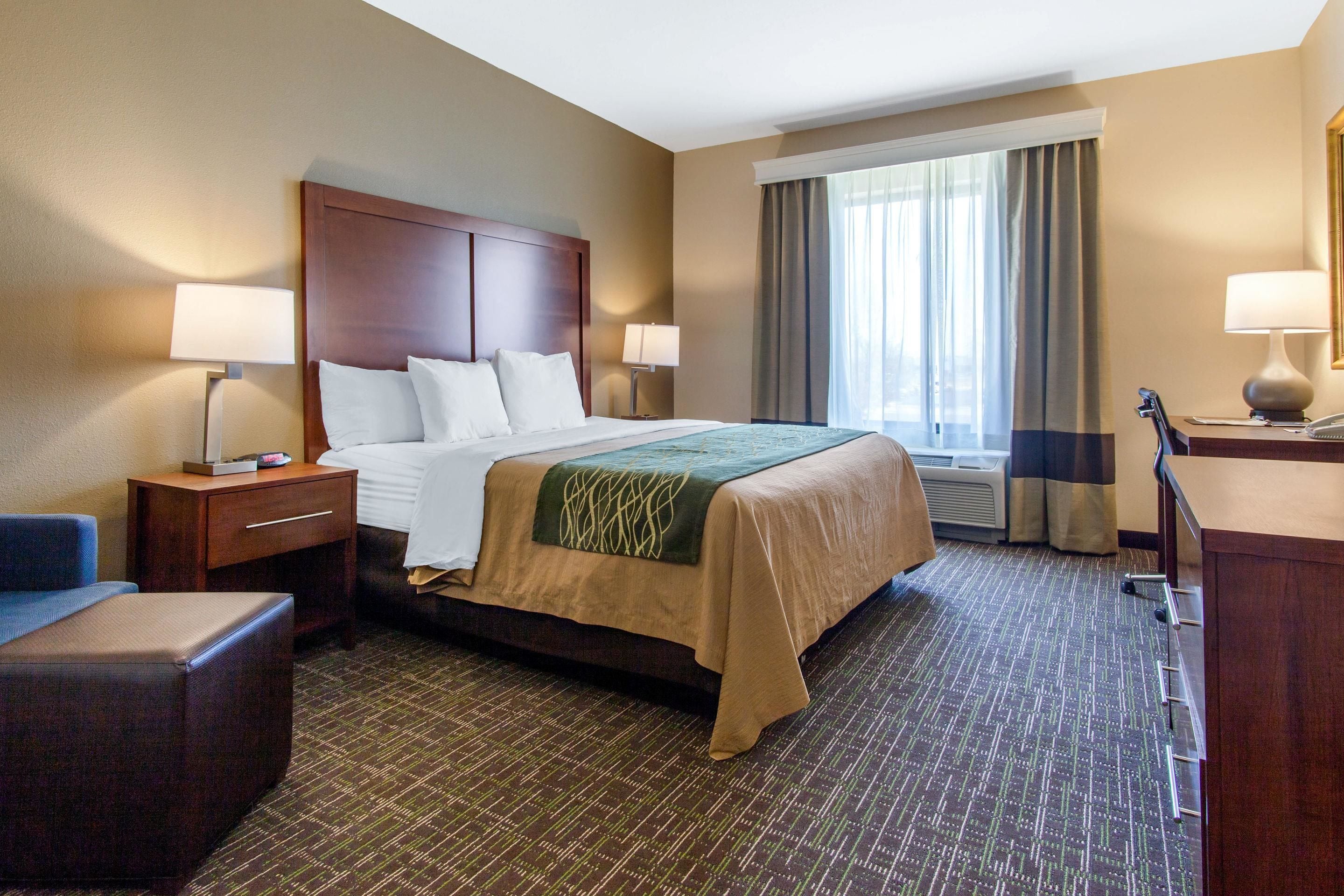 down duvets, pillow-top beds, desk, blackout curtains