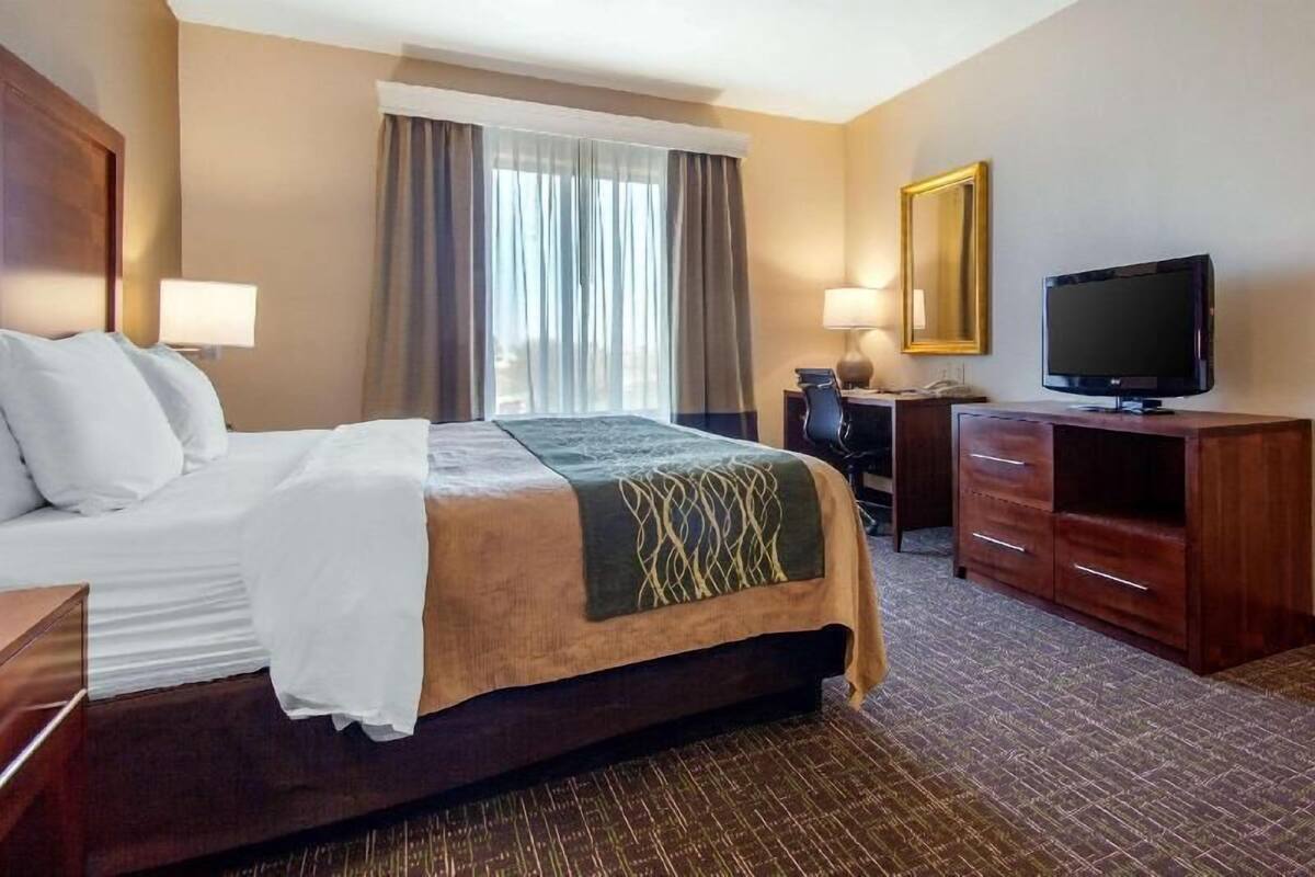 Una camera d'albergo con un letto, una scrivania, una televisione e uno specchio.