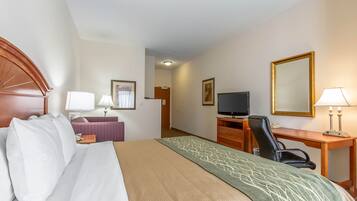 A hotel room with a bed, a desk, a chair, a television, and a mirror.