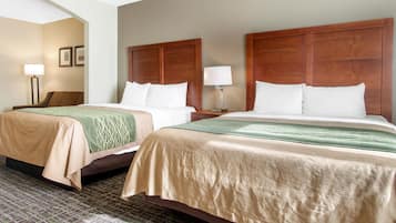 Down comforters, pillowtop beds, desk, blackout drapes