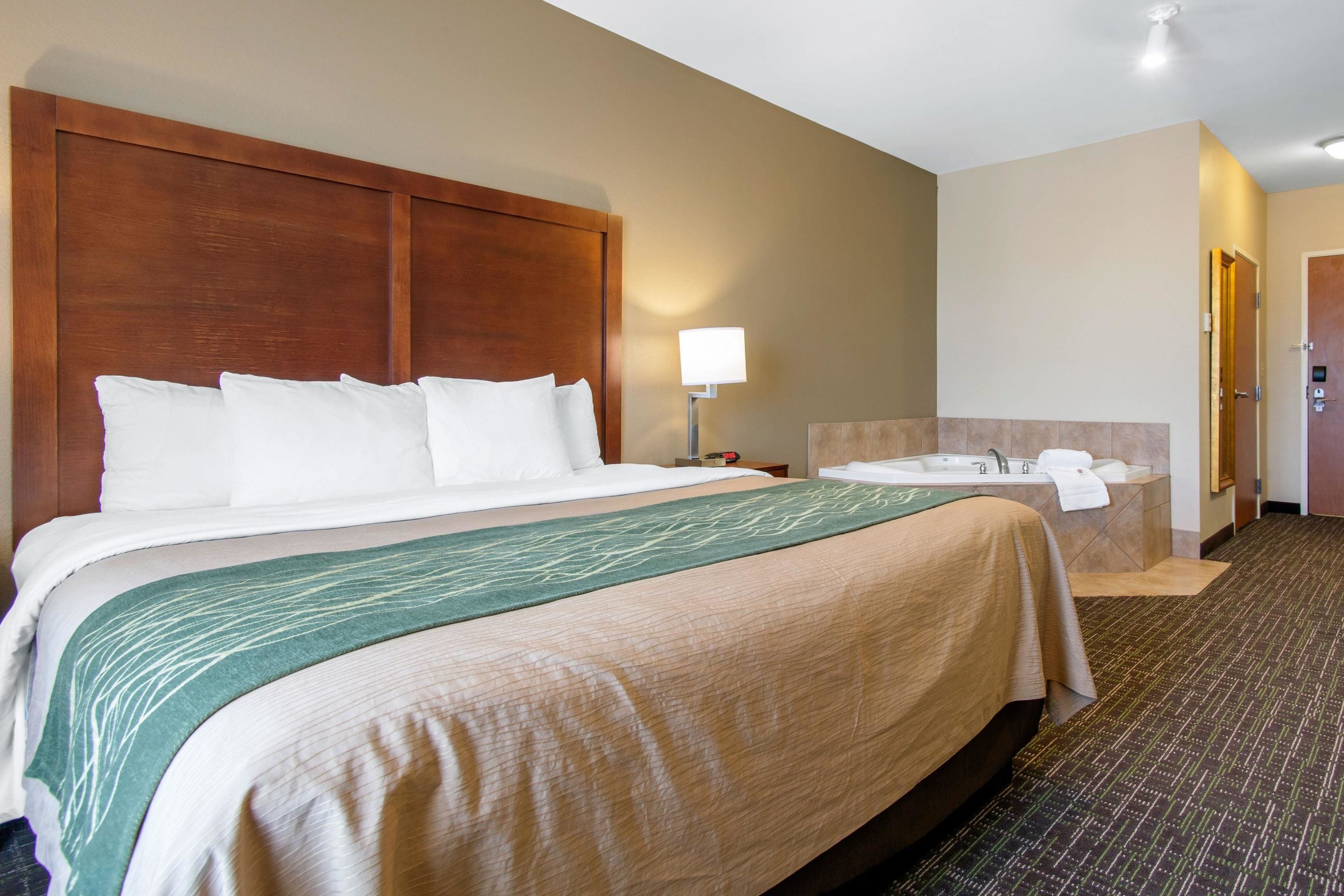 Una habitación de hotel con una cama grande, una mesita de noche con lámpara, un baño con bañera y una puerta.