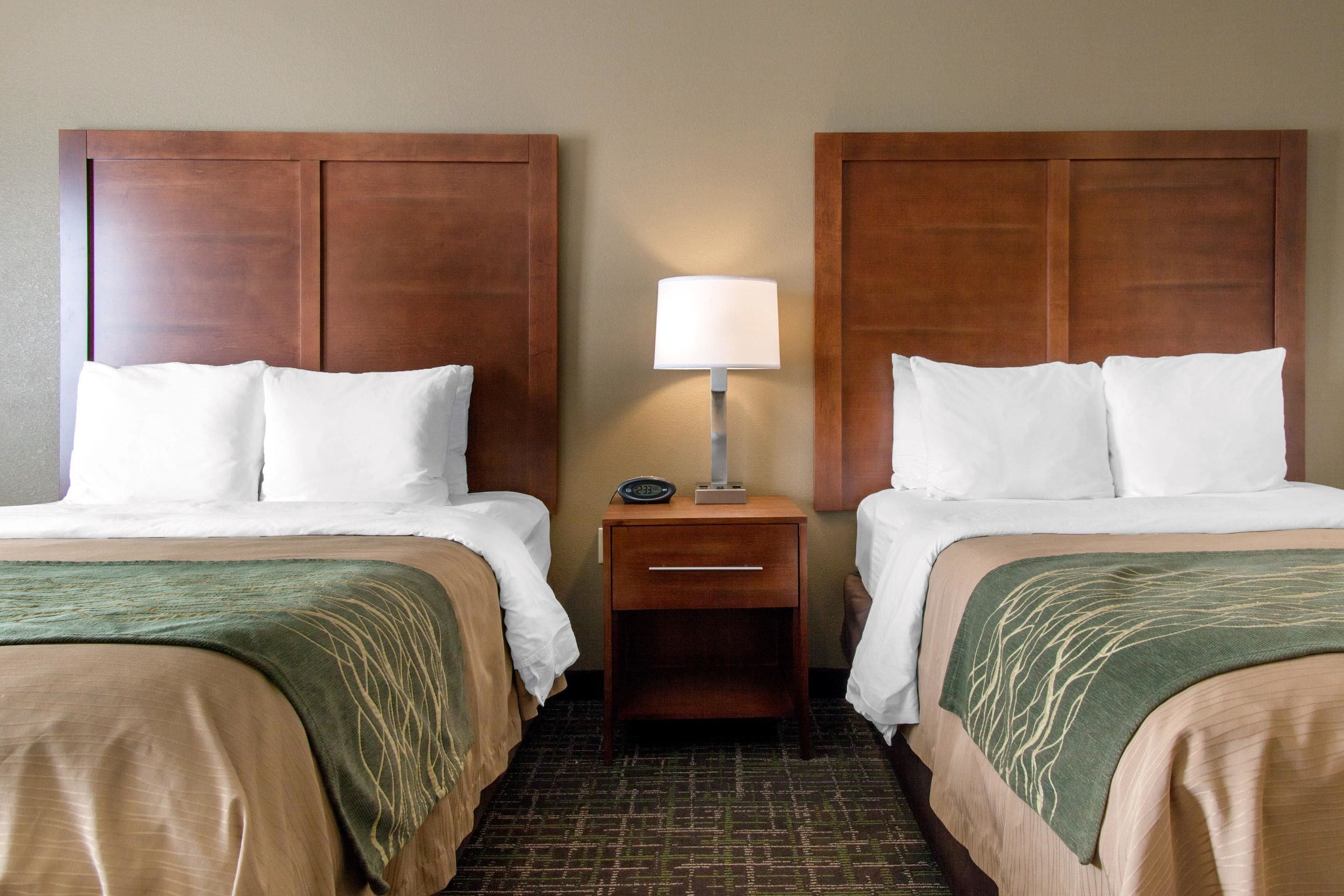 A hotel room with two beds, a nightstand with a lamp, and a green patterned bedspread.