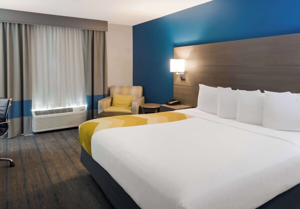 Una habitación de hotel con una cama grande, una silla, un escritorio y una mesita de noche.