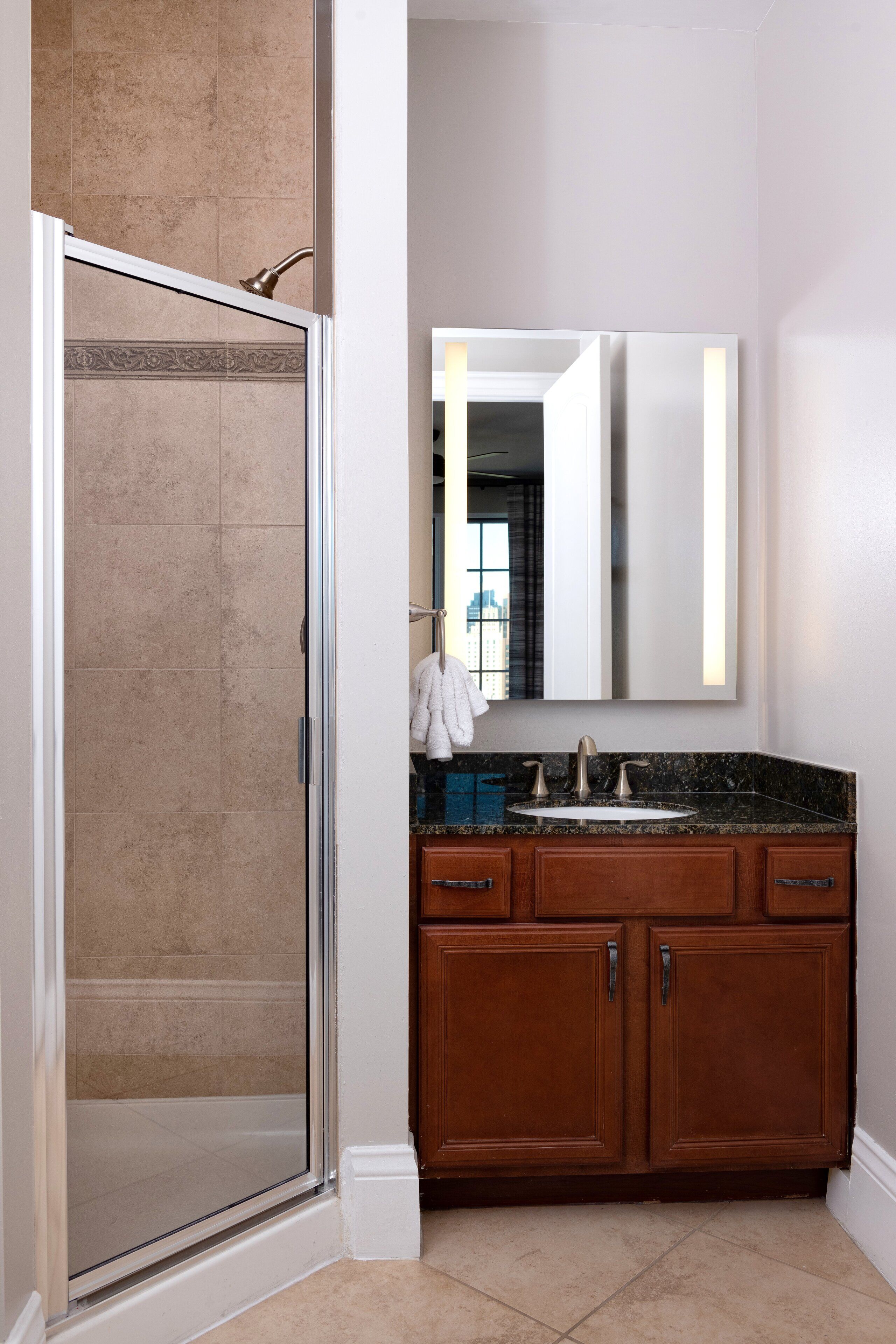 combined shower/bathtub, free toiletries, hair dryer, towels