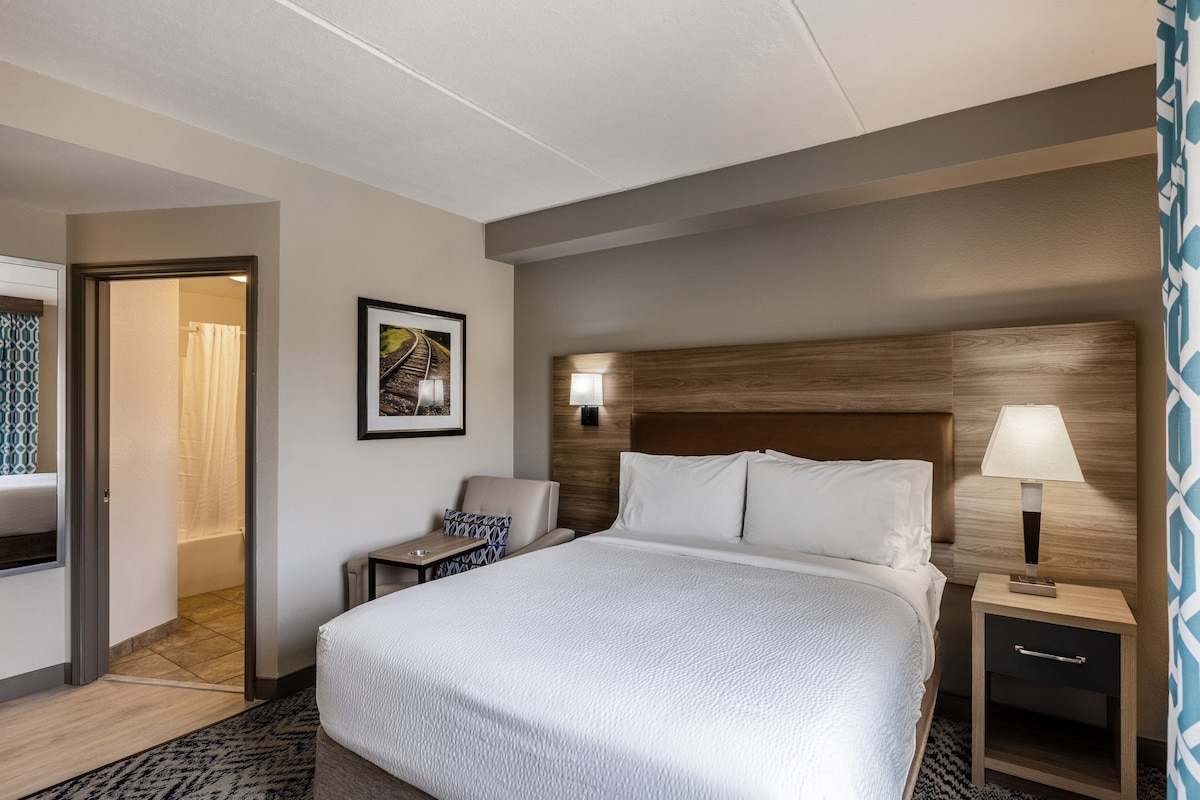 A hotel room with a large bed, a bedside table with a lamp, a chair, a small table, and a picture on the wall.