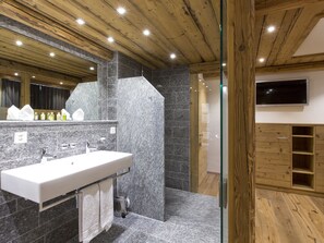 Deluxe Double Room | Bathroom | Shower, free toiletries, hair dryer, towels - Hotel Crusch Alba (Zernez)